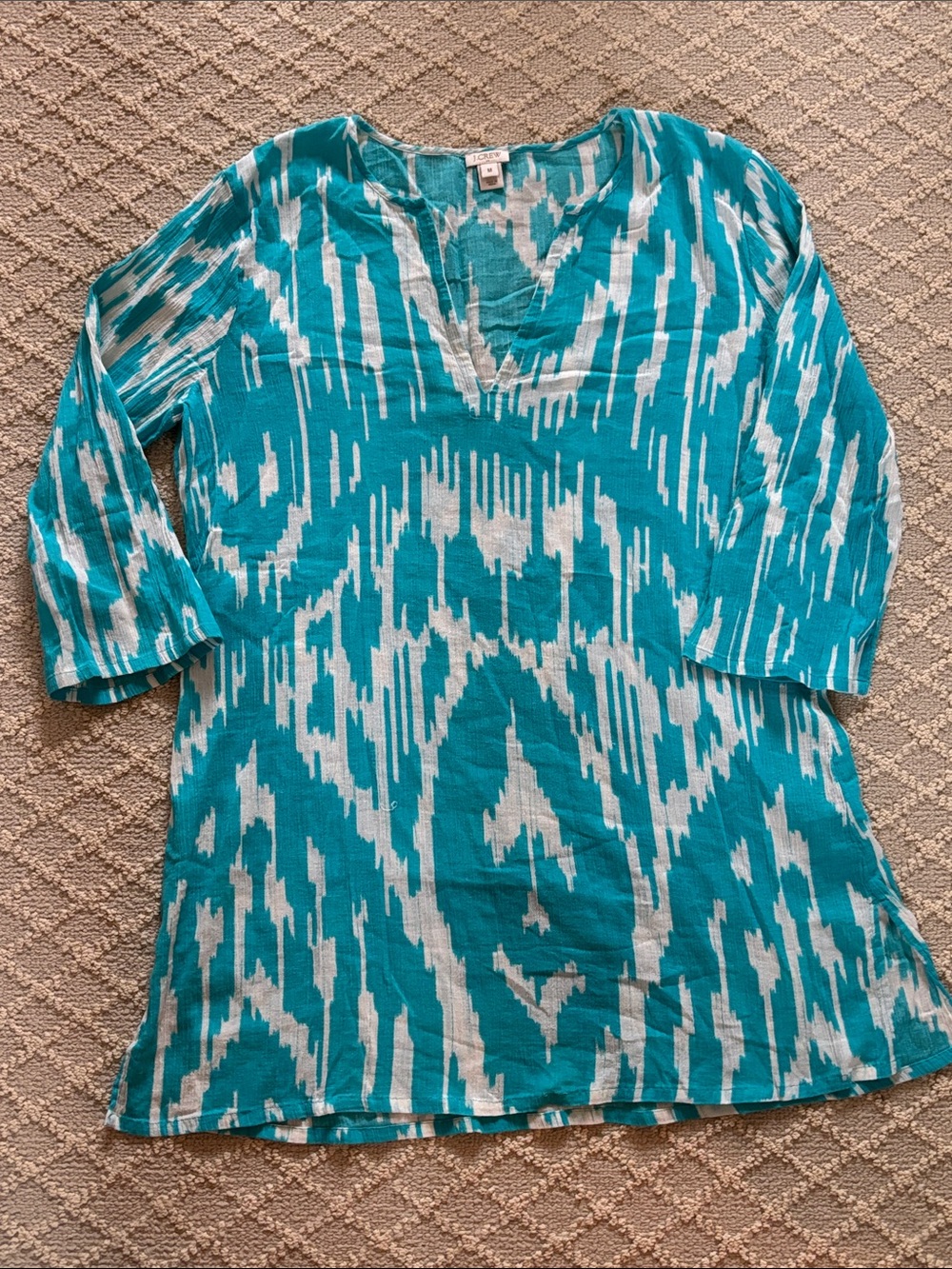 J. Crew Teal and White Ikat Patterned Women's V-Neck Tunic Top/Coverup